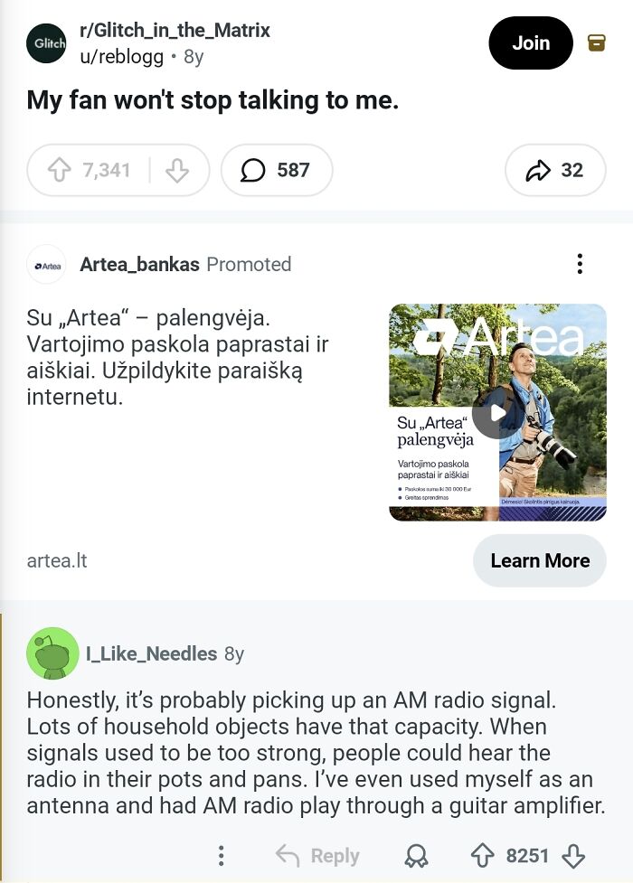 Funny comments on a fan not stopping communication, with a user suggesting an AM radio signal explanation.