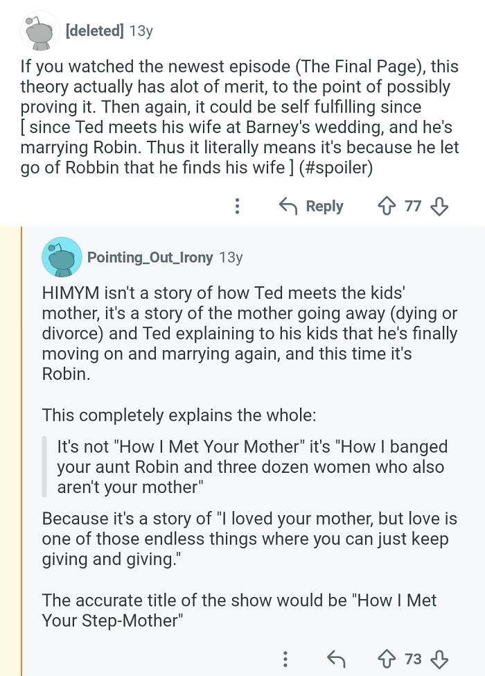 Hilarious Reddit comment on a fan theory about the TV show, How I Met Your Mother, that should be in the Hall of Fame.