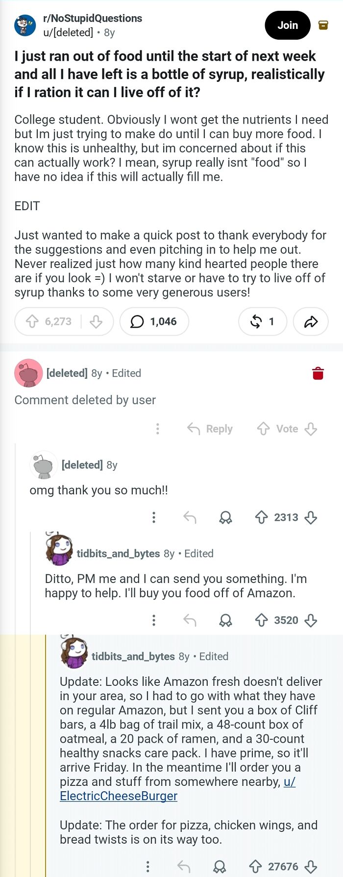 A Reddit user receives help after running out of food, demonstrating the best hall of fame comments.