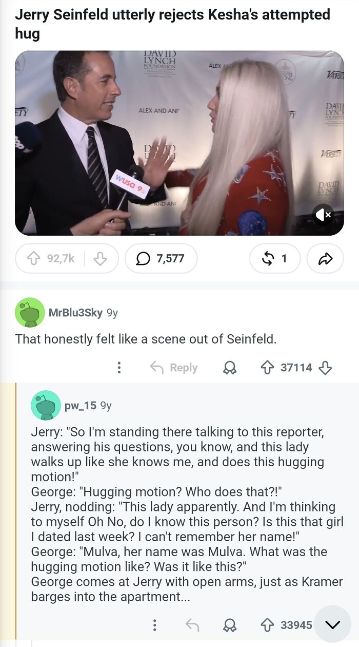 Jerry Seinfeld rejects Kesha's attempted hug, a moment for the comments hall of fame.
