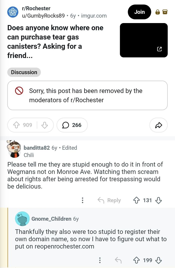 A Reddit post about comments in the hall of fame. Users discuss tear gas canisters and the removal of a post by moderators.