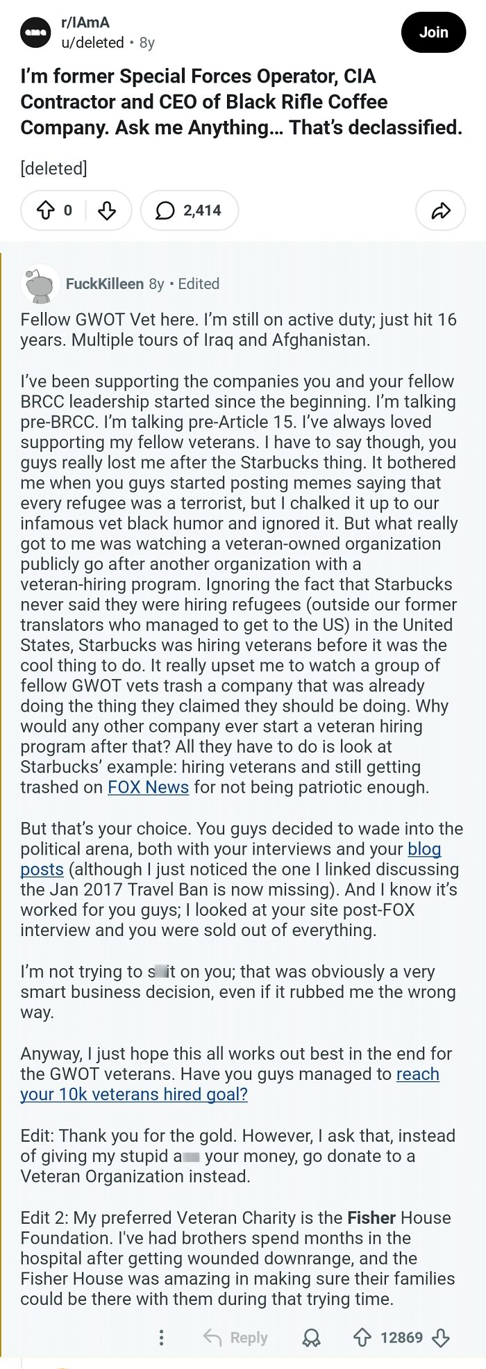 A Reddit post about comments in the hall of fame, featuring a user sharing an experience as a veteran and a special forces operator.