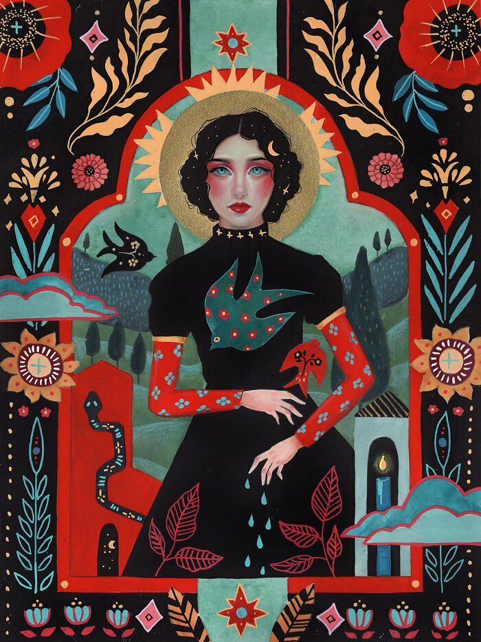 Aunia Kahn's folk-inspired artwork featuring a woman with a halo, a bird, and a snake, amidst flowers, symbolizing tradition and imagination.