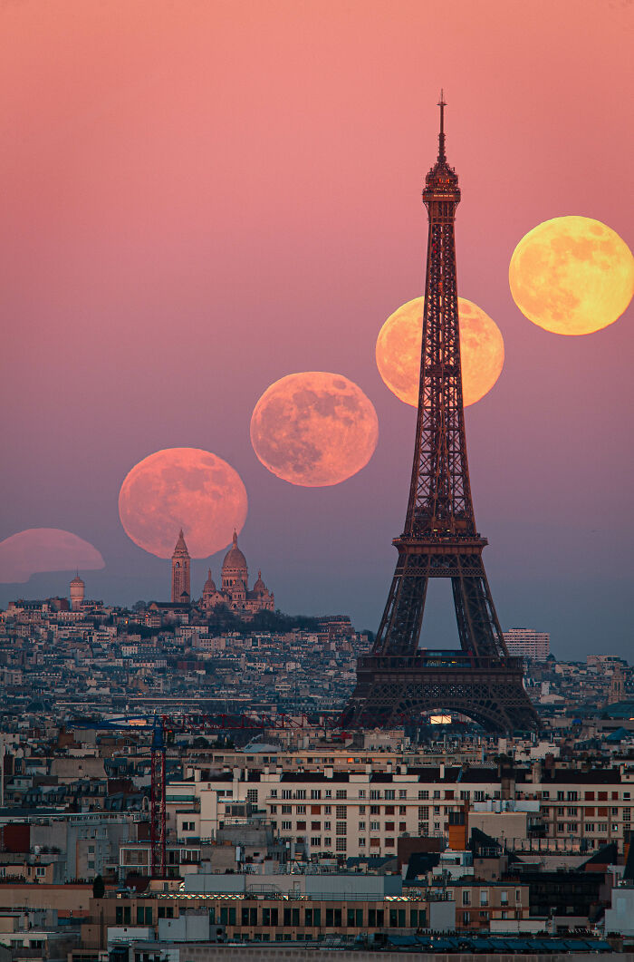 Stunning astronomy photo of multiple moons over the Eiffel Tower in Paris, capturing a unique universe view.