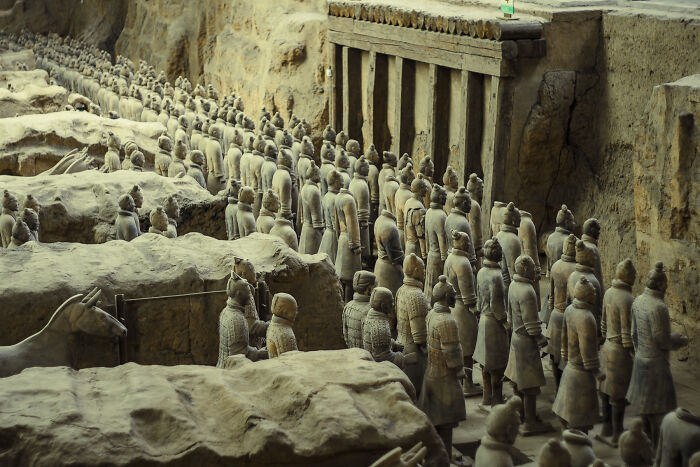 The vast army of Terracotta Warriors in their tomb, a significant historical moment from ancient China.