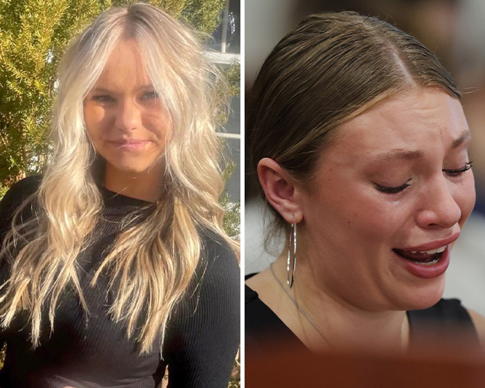 A split image showing a smiling woman with blonde hair and a crying woman in a courtroom. Bryan Kohberger's case details.