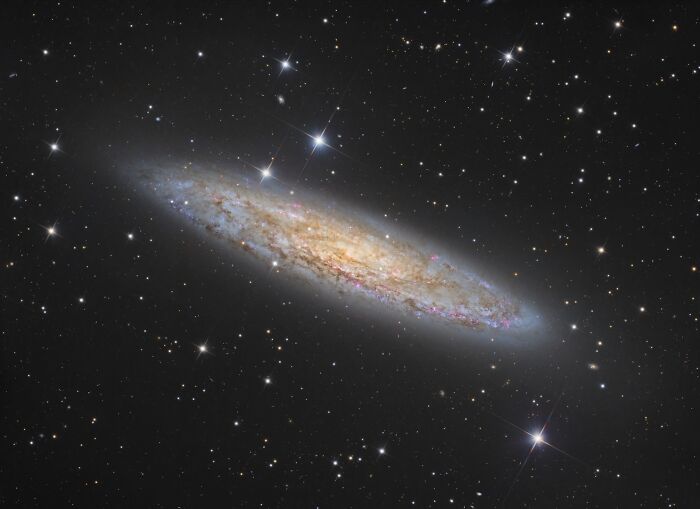 Edge-on spiral galaxy glowing brightly, a breathtaking image from the David Malin Astrophotography Awards 2026.