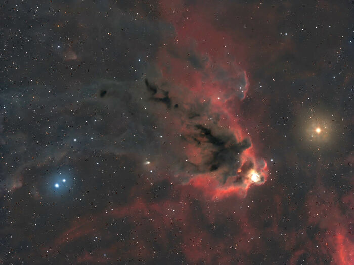 Astrophotography award-winning image: a vibrant red and dark nebula with bright stars within it.