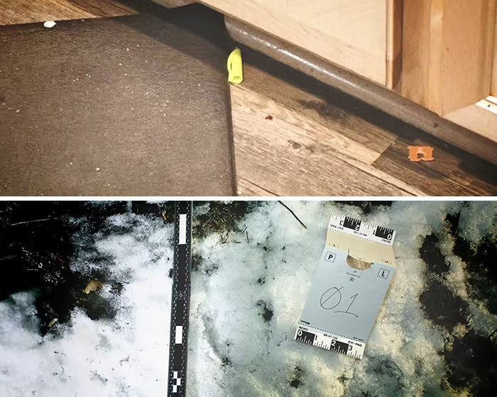 Evidence markers on snow and floor, suggesting questionable details in Bryan Kohberger's case after a documentary.