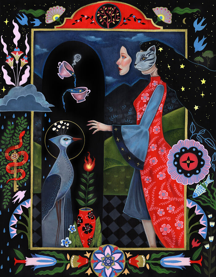 Aunia Kahn artwork featuring folk-inspired symbolism, a woman with a cat mask, and a bird in a vibrant, imaginative scene.