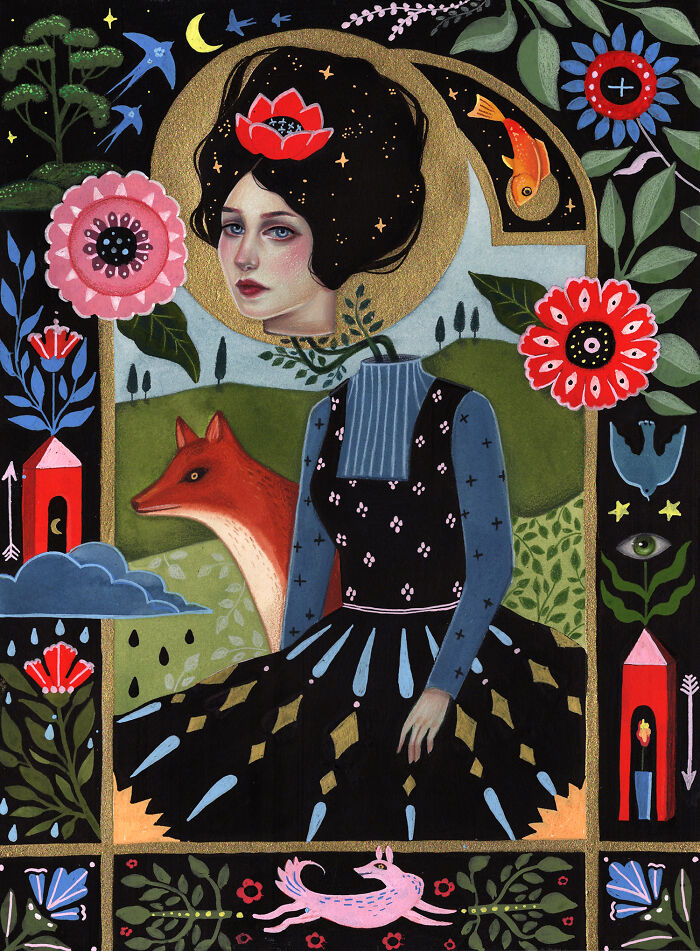 Folk-inspired artwork by Aunia Kahn with a woman's head floating above a dress, a fox, and a running deer, conveying symbolism and imagination.
