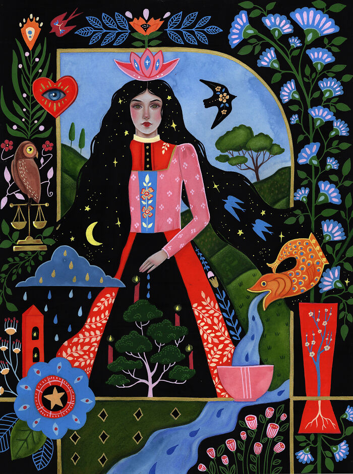 Aunia Kahn's folk-inspired artwork depicting a woman with long hair, an owl, a fish, and falling rain, full of symbolism and imagination.