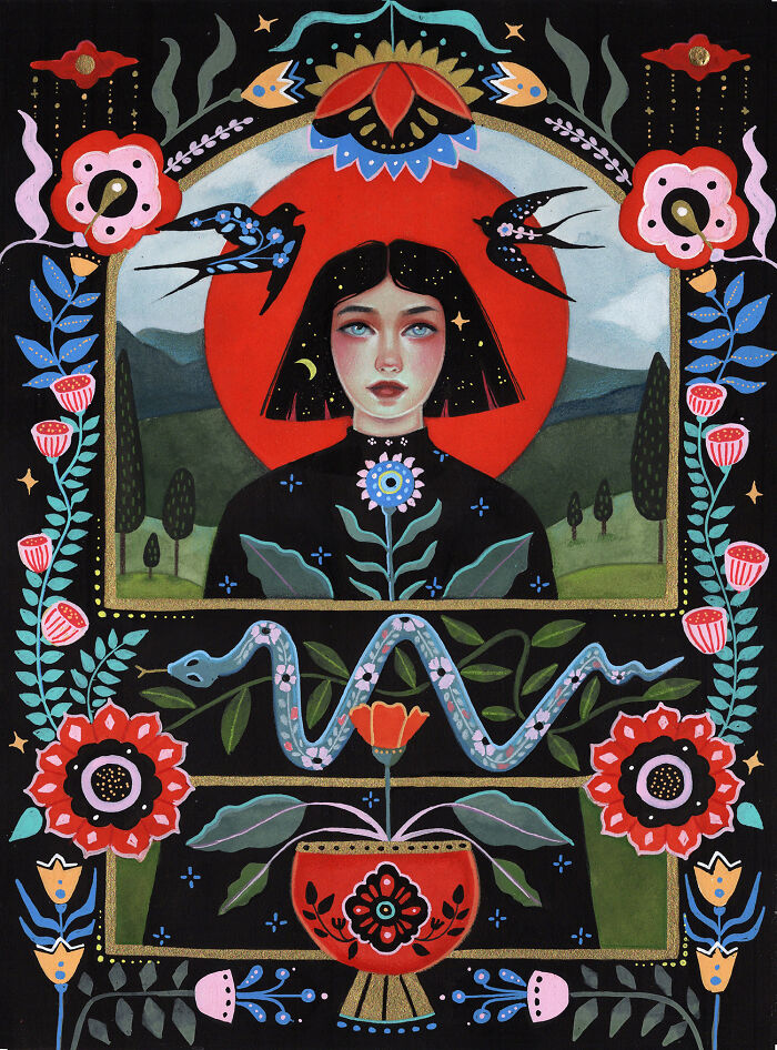 Folk-inspired artwork by Aunia Kahn, showcasing a woman with a snake and birds, framed by vibrant flowers and traditional symbolism.