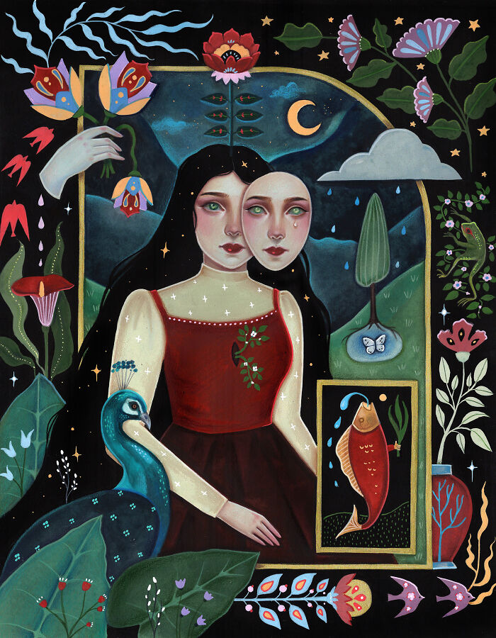 Aunia Kahn's folk-inspired artwork featuring a woman holding a mask, surrounded by flowers, a peacock, and a fish, rich with symbolism and imagination.