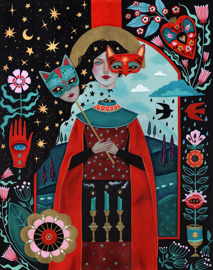 Folk-inspired artwork by Aunia Kahn portraying a woman in a red cape, holding a staff, with two masked figures and celestial motifs.