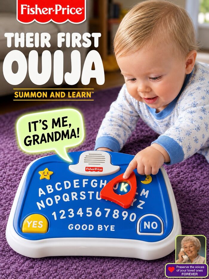 Bizarre figurine of a baby playing with a Fisher-Price Ouija board, a dark comedy collectible.