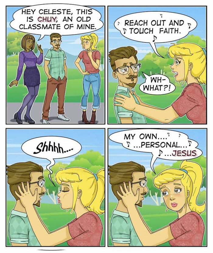 A four-panel comic showing a woman named Celeste making awkward jokes about Jesus to a new acquaintance, demonstrating sarcasm.