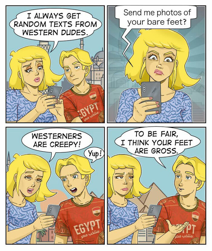 A comic illustrating a woman receiving creepy texts, leading to awkward moments and dirty jokes about feet.