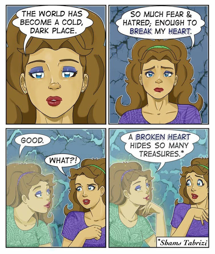 A comic featuring two women discussing the world becoming a cold, dark place and broken hearts.