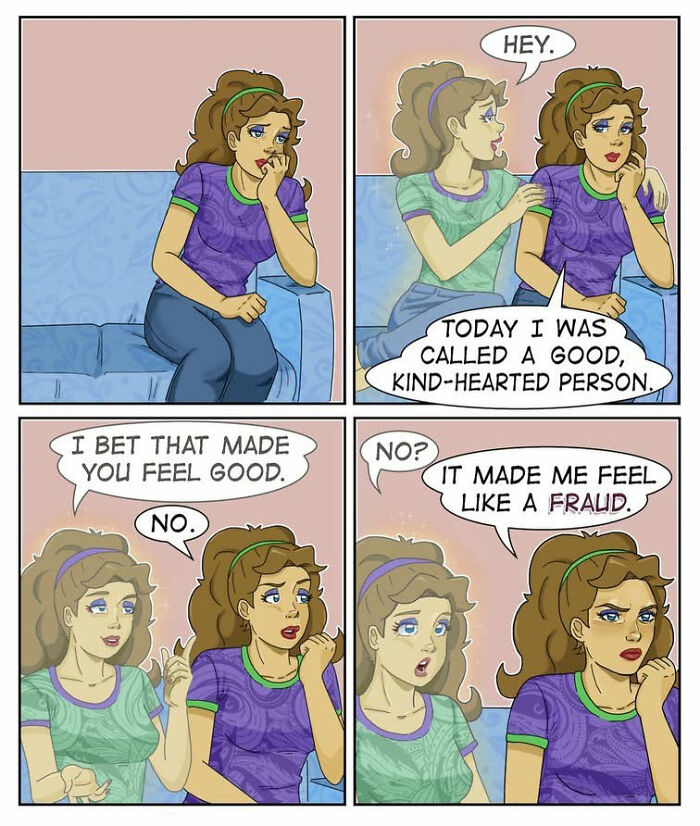 A comic showing two women, one called a kind-hearted person, feeling like a fraud.