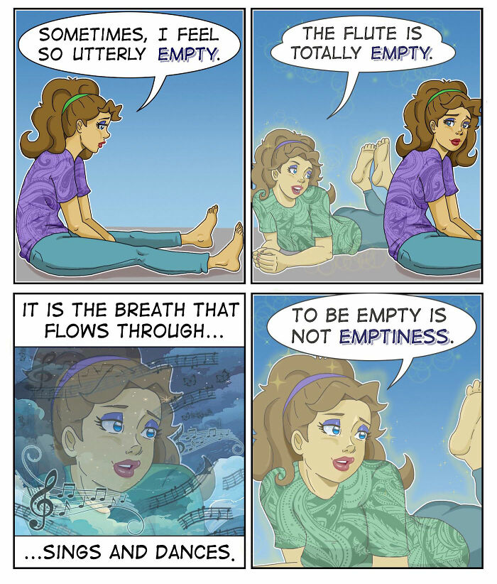 A comic of a woman feeling empty, then realizing emptiness is not true emptiness, like a flute.