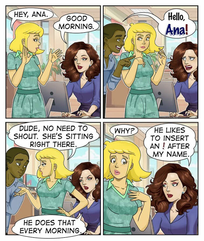 A comic where Ana is greeted loudly every morning, and a colleague explains why he shouts her name.