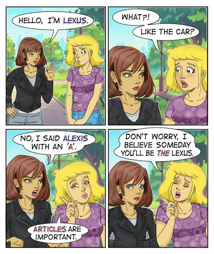 A comic strip depicting a woman misunderstanding a name, leading to sarcastic and awkward jokes about cars and articles.