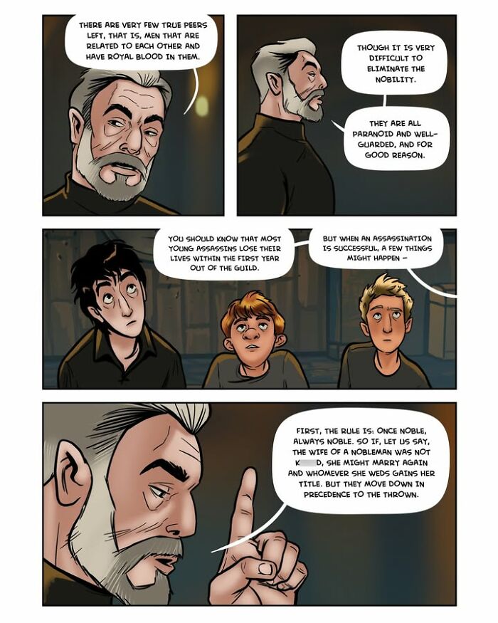 A webcomic panel from Serpent by Yael Nathan showing a mentor explaining the difficulty of eliminating nobility to young trainees.
