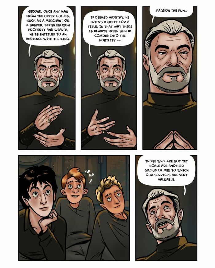 A page from the fantasy webcomic Serpent by Yael Nathan illustrating a discussion about upper guilds and nobility with young trainees.