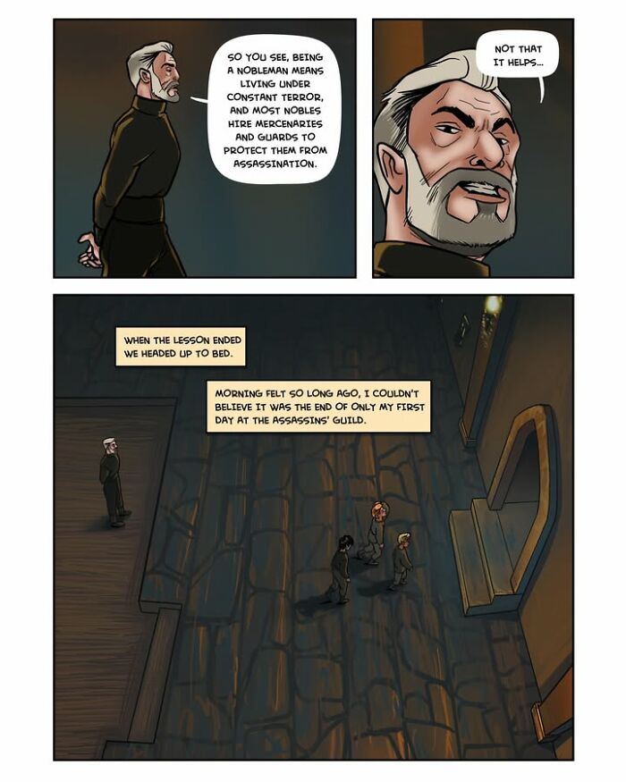 A noble teaches new recruits about assassins in the fantasy webcomic Serpent by Yael Nathan.