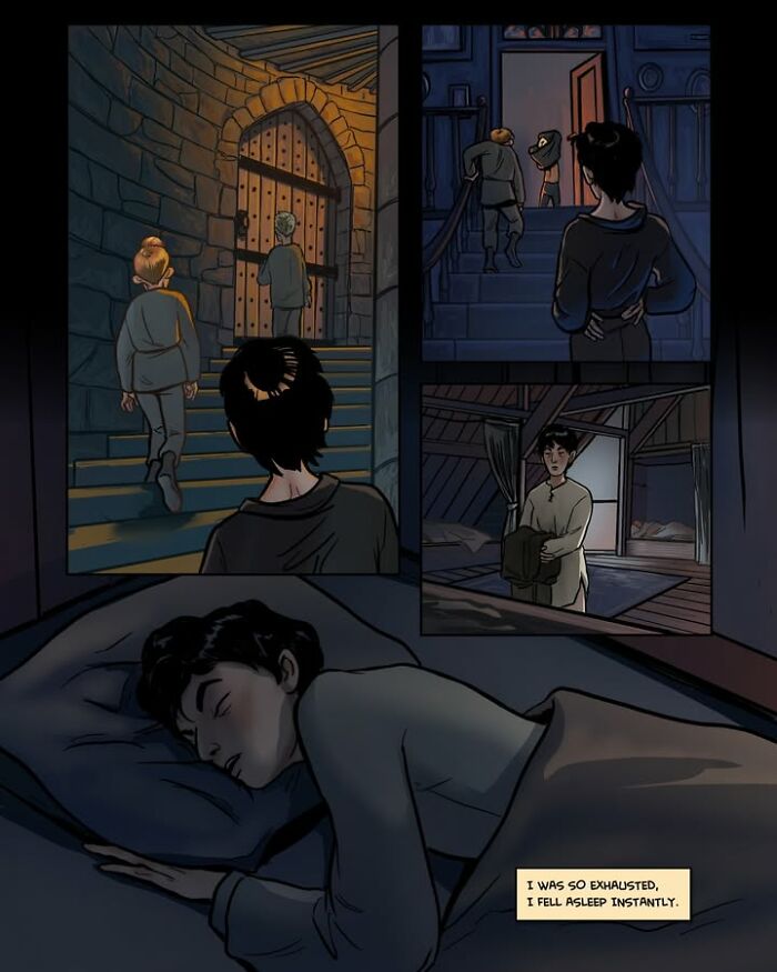 New recruits head to bed after their first day at the assassins guild in the fantasy webcomic Serpent by Yael Nathan.