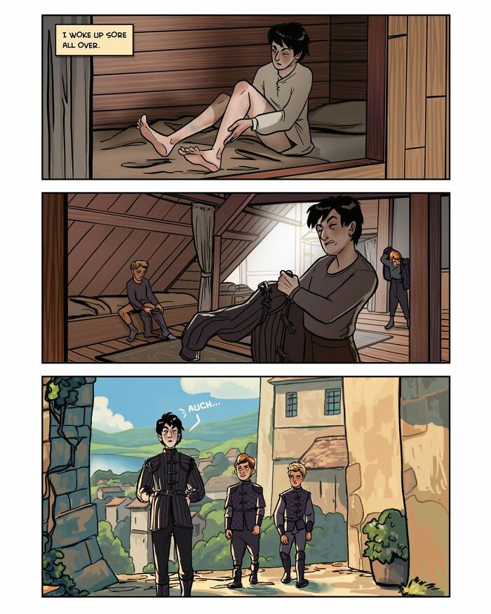 Recruits wake up sore and prepare for another day in the fantasy webcomic Serpent by Yael Nathan.
