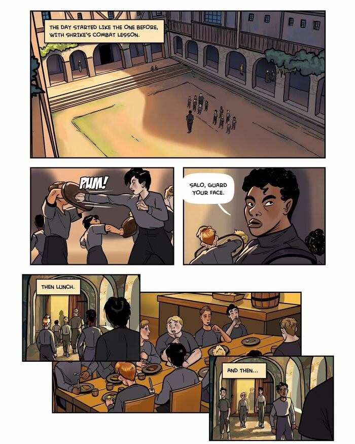 Recruits begin their day with combat training and lunch in the fantasy webcomic Serpent by Yael Nathan.