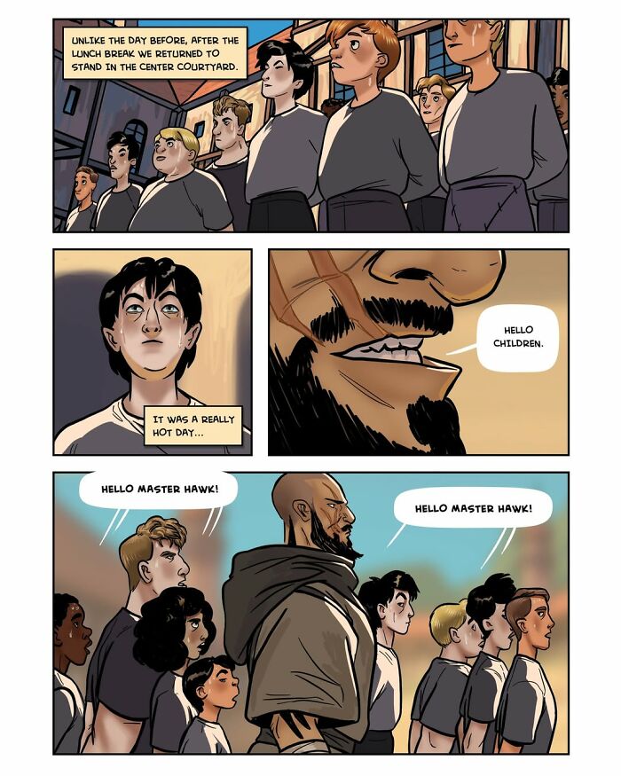 New recruits gather in the courtyard, greeted by Master Hawk in the fantasy webcomic Serpent by Yael Nathan.