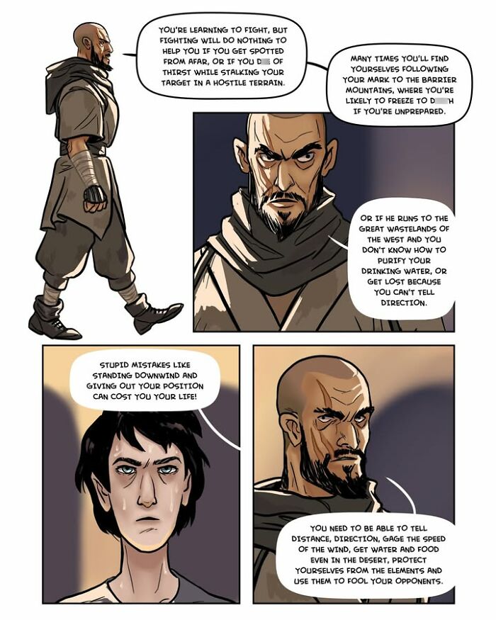 A comic panel featuring a bald, bearded man teaching a young man about survival skills in the fantasy webcomic Serpent by Yael Nathan.