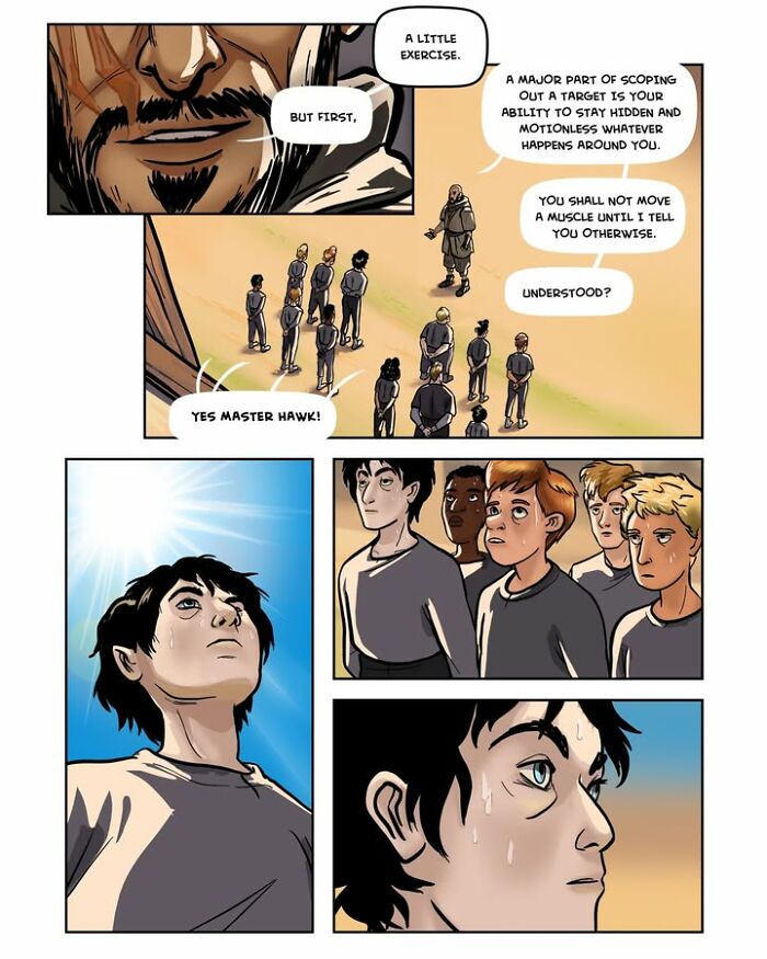 A comic panel showing a stern instructor teaching a group of young students stealth tactics in the fantasy webcomic Serpent by Yael Nathan.