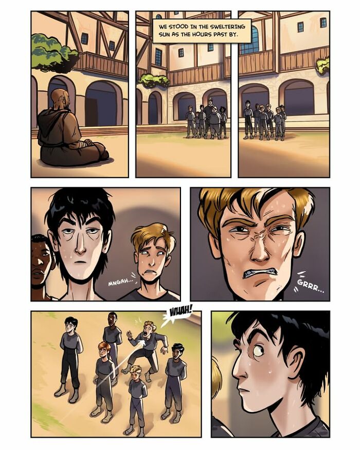A comic panel depicting students looking distressed under the hot sun in the fantasy webcomic Serpent by Yael Nathan.