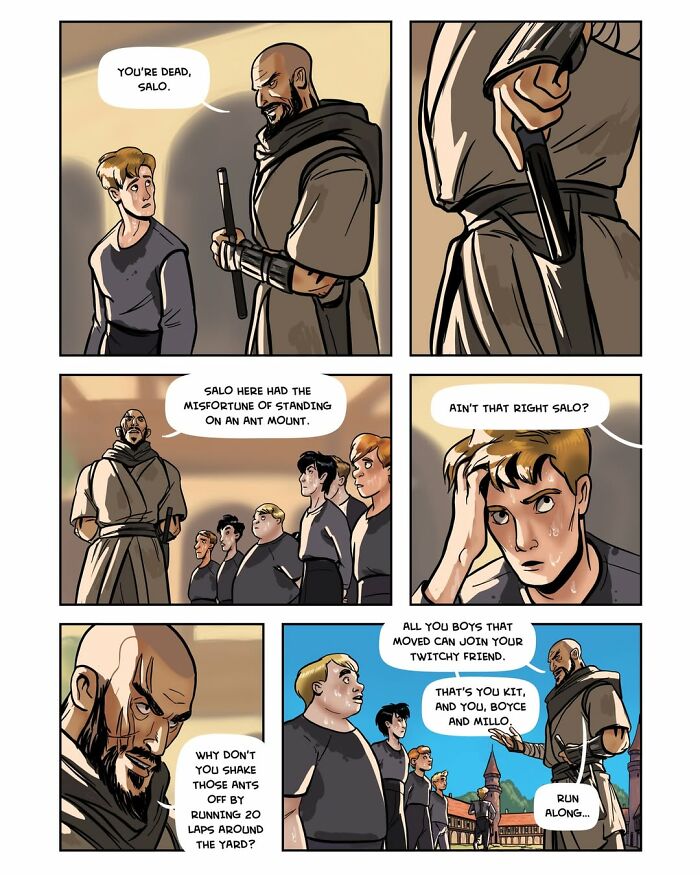 A comic panel where an instructor punishes a student for twitching, emphasizing discipline in the fantasy webcomic Serpent by Yael Nathan.