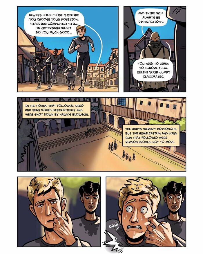 A comic panel illustrating students running while an instructor watches, highlighting distractions in the fantasy webcomic Serpent by Yael Nathan.