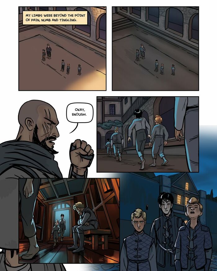 A sequence of panels from the fantasy webcomic Serpent, showing male characters in various scenes, including one with a visible scar on his face.