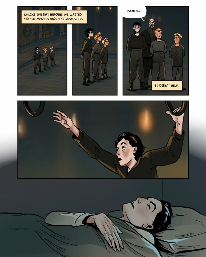 More panels from the fantasy webcomic Serpent, depicting young male characters training and one character asleep in bed after an event.