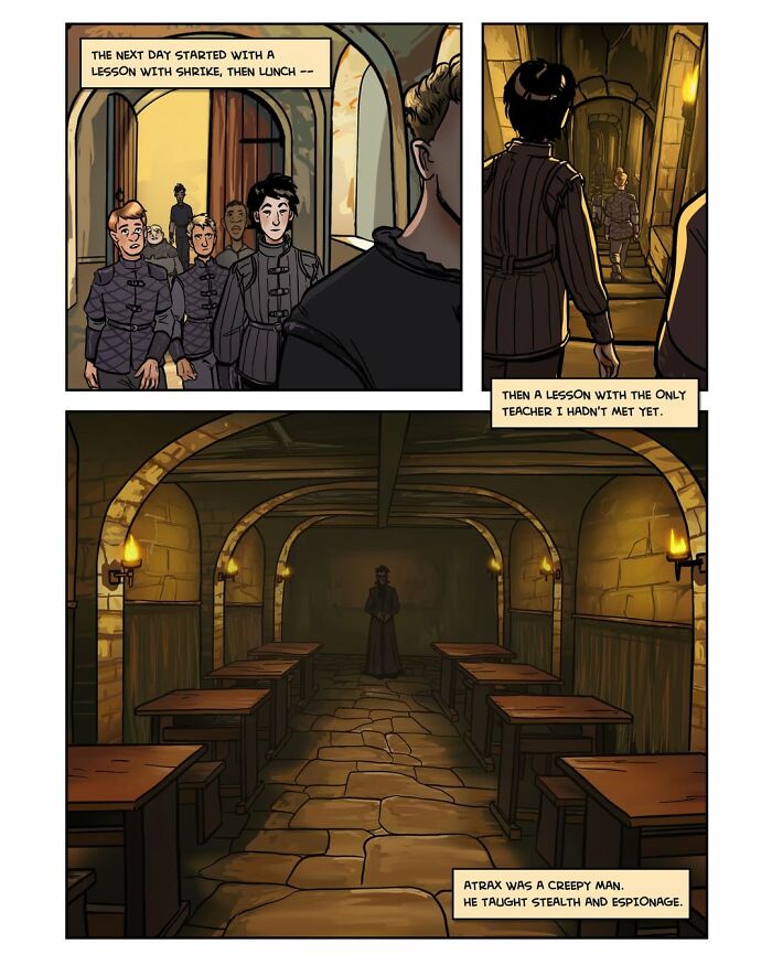 Pages from the fantasy webcomic Serpent, showing young male characters walking through a hallway and a mysterious figure in a large hall.