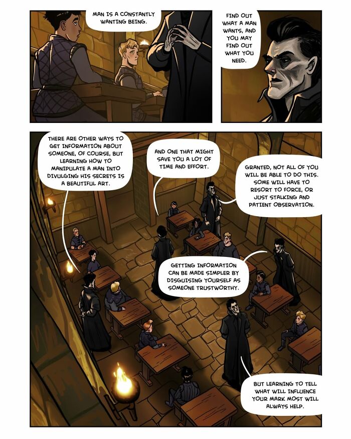 An illustrated page from the fantasy webcomic Serpent, with a character teaching a class about human desires and information gathering.