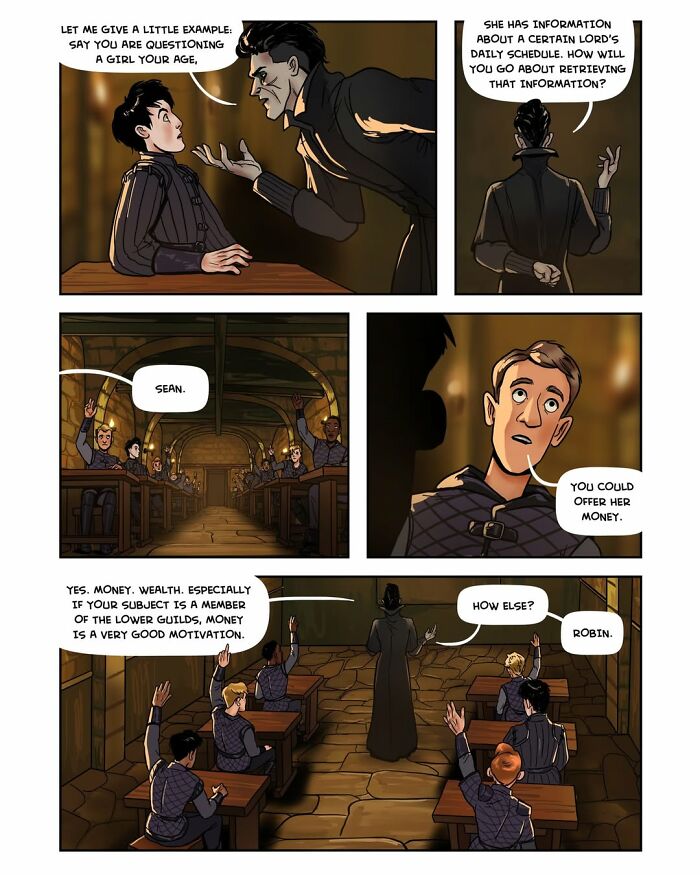Another page from the fantasy webcomic Serpent, featuring a teacher interacting with students about obtaining information, with raised hands.
