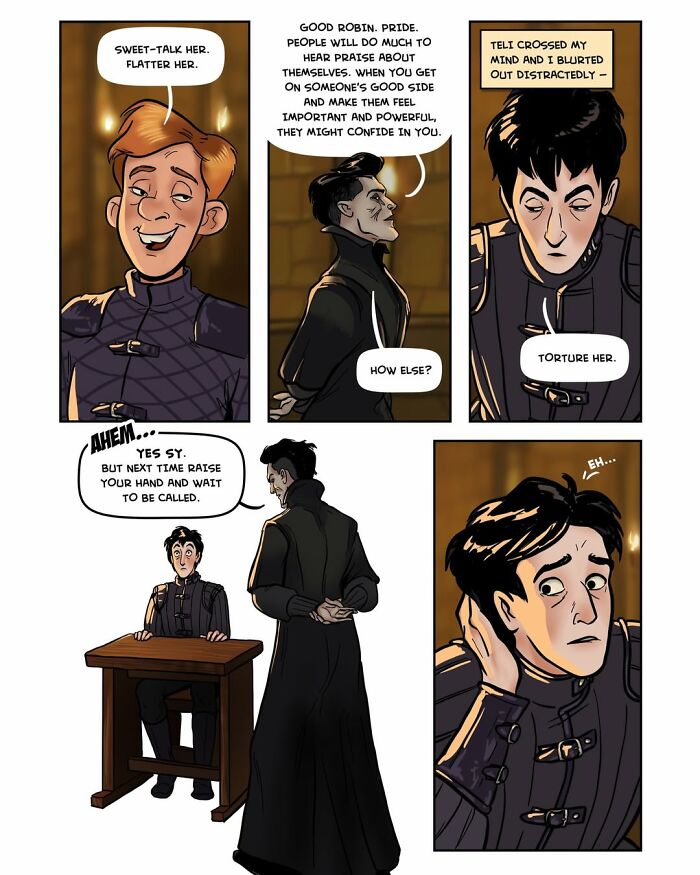 Panel from fantasy webcomic Serpent by Yael Nathan showing a lesson on manipulation for a young student.
