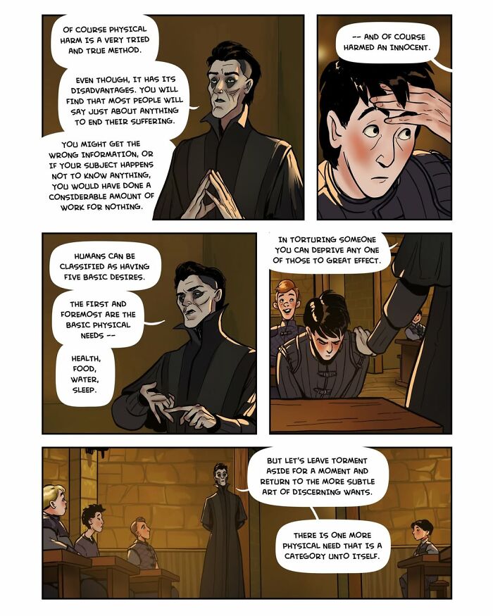 Scene from fantasy webcomic Serpent by Yael Nathan, detailing methods of obtaining information and human desires.