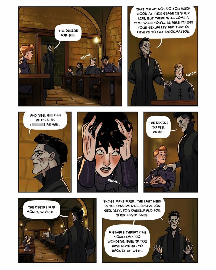 Webcomic Serpent by Yael Nathan panel, discussing desires for security and wealth, and manipulation tactics.