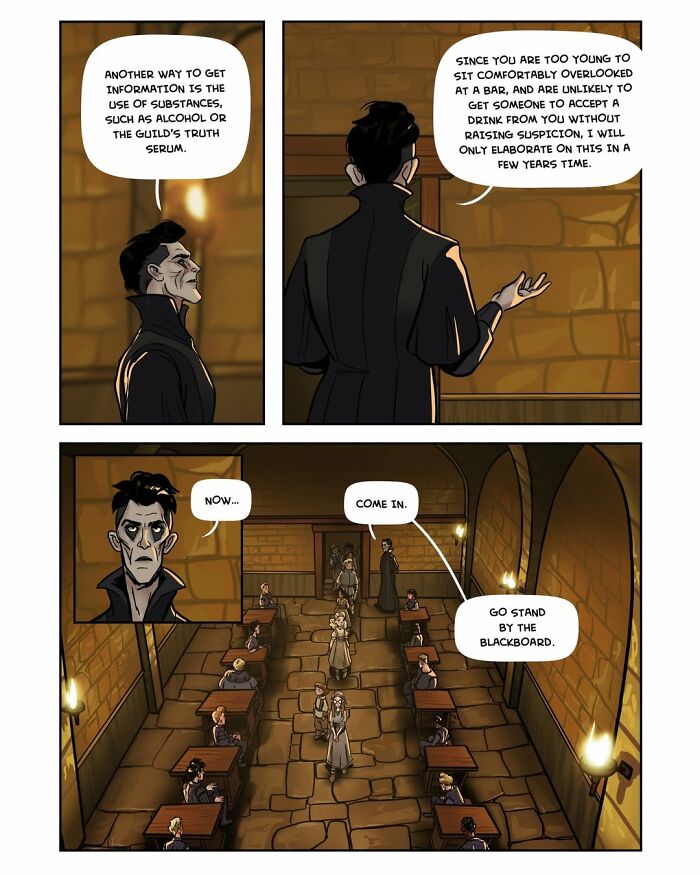 Image from fantasy webcomic Serpent by Yael Nathan showing a classroom setting and a lesson on truth serum.