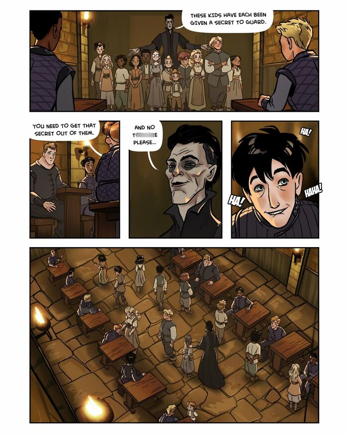 Panel from fantasy webcomic Serpent by Yael Nathan, showing children in a classroom and a lesson on secrets.