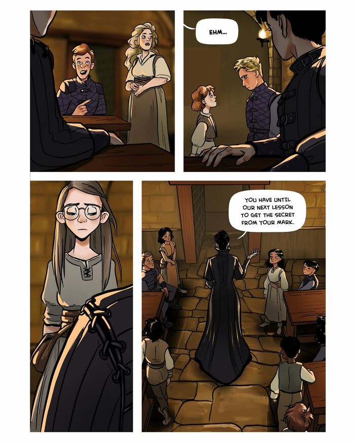 A Female-Led Fantasy Webcomic Serpent scene: A classroom setting with students and a teacher, setting a challenge.
